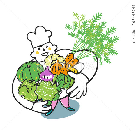 秋冬撒き野菜　秋冬野菜を沢山抱えてこちらを見上げるコックまたは料理人　イラスト素材 107447244