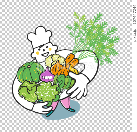 秋冬撒き野菜　秋冬野菜を沢山抱えてこちらを見上げるコックまたは料理人　イラスト素材 107447244