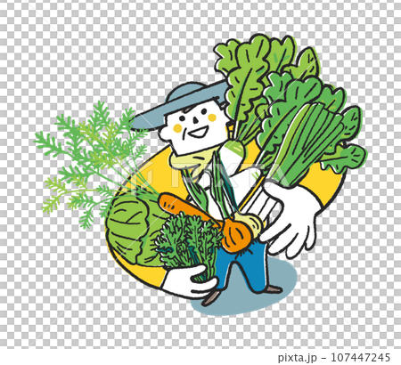 秋冬撒き野菜　秋冬野菜を沢山抱えてこちらを見上げる農家さんまたは家庭菜園をする人　イラスト素材 107447245