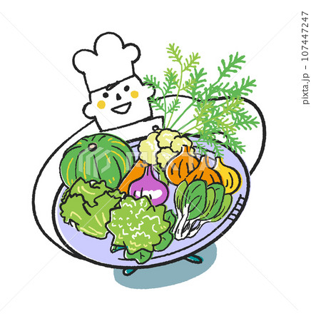 秋冬撒き野菜　秋冬野菜を沢山抱えてこちらを見上げるコックまたは料理人　イラスト素材 107447247