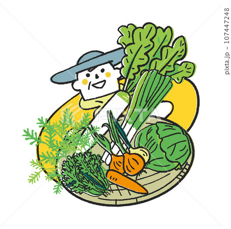 秋冬撒き野菜　秋冬野菜を沢山抱えてこちらを見上げる農家さんまたは家庭菜園をする人　イラスト素材 107447248