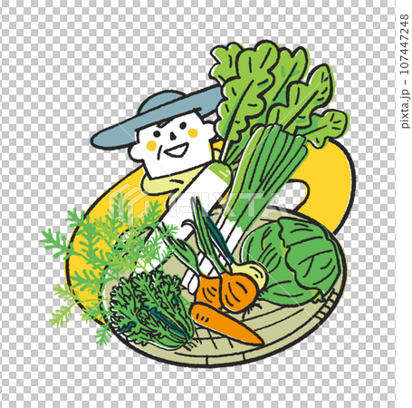秋冬撒き野菜　秋冬野菜を沢山抱えてこちらを見上げる農家さんまたは家庭菜園をする人　イラスト素材 107447248