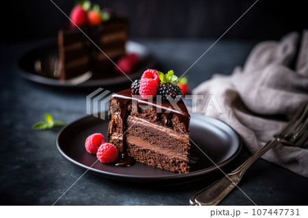slice of dark chocolate ganache cake with berries  107447731
