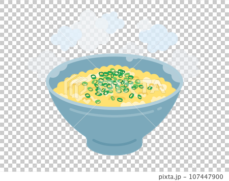 雞蛋米飯的插圖，上面撒上蔥，盛在碗裡 107447900