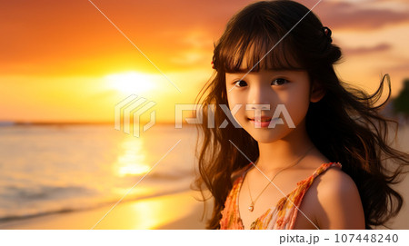 夕日の浜辺でほほ笑む少女「AI生成画像」 107448240