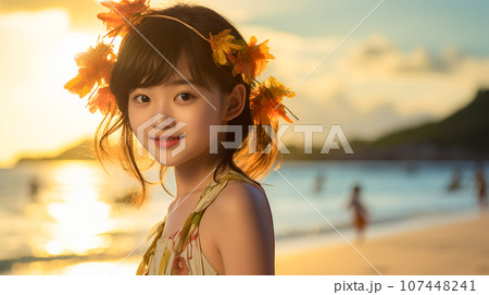 夕日の浜辺でほほ笑む少女「AI生成画像」 107448241