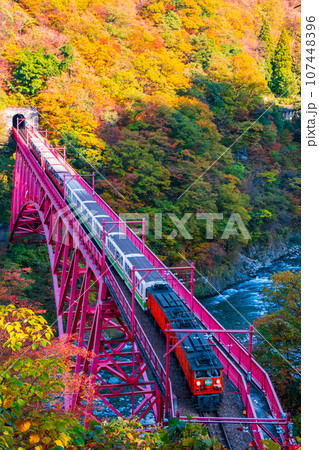 秋の黒部峡谷:新山彦橋を走るトロッコ電車 秋の黒部峡谷:新山彦橋を走るトロッコ電車 107448396