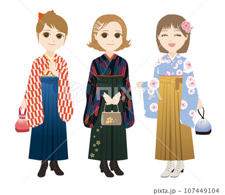 バッグや巾着を持った袴姿の女性三人(和風シームレスパターン) バッグや巾着を持った袴姿の女性三人(和風シームレスパターン) 107449104