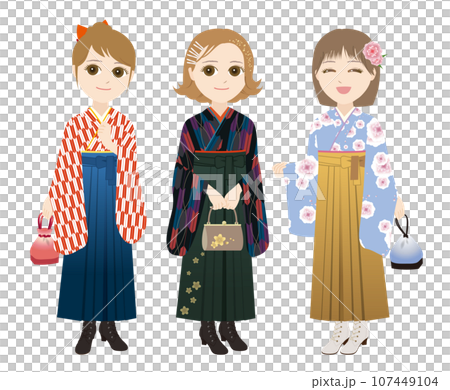 Three women in hakama with bags and purses (Japanese style seamless pattern) 107449104