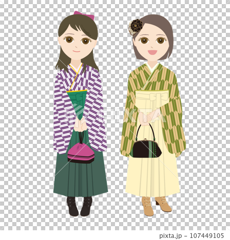Two women in hakama with bags and purses (Japanese style seamless pattern) 107449105