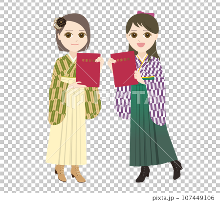 Two women in hakama happily holding diplomas (Japanese style seamless pattern) Two women in hakama happily holding diplomas (Japanese style seamless pattern) 107449106