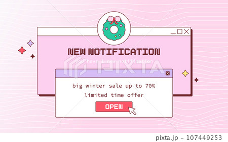 Pink Y2K Christmas and New Year Winter Sale Banner: Dive into Retro Vaporwave Aesthetics with Groovy Curves and Old PC Windows. New Year's Decorations in Classic Computer Interface. Pink Y2K Christmas and New Year Winter Sale Banner: Dive into Retro Vaporwave Aesthetics with Groovy Curves and Old PC Windows. New Year's Decorations in Classic Computer Interface. 107449253