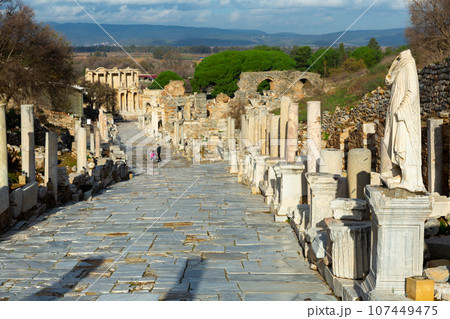 Remained main street of Curetes in Ephesus, Turkey 107449475