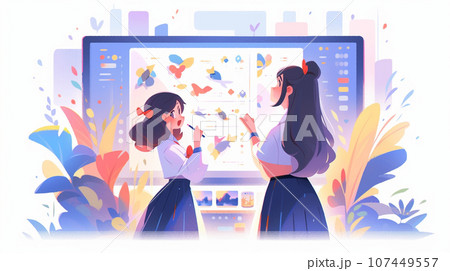 二人の女子高校生が課題発表をしている