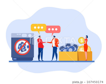 Anti Money Laundering acronym or Aml or Against Money Laundering,Aml  Washing Machine Stop Corruption and Illegal Business. Cartoon People Vector Illustration 107450174