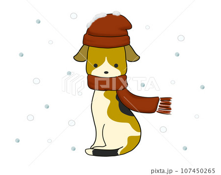 帽子をかぶったビーグル犬と雪のイラスト 107450265