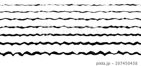 Jagged rough lines set. Black scribble stroke border collection. Grunge wavy zig zag stripes bundle. Edgy scribble design elements pack for poster, banner, booklet, brochure, decoration. Vector 107450438