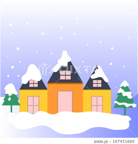 Winter landscape with houses, trees and snowflakes. Vector illustration. Christmas decorations 107451660
