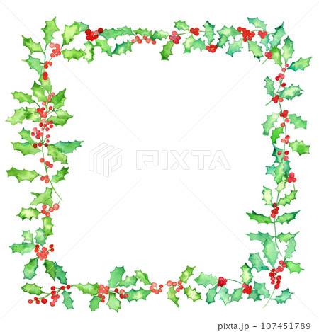 水彩画。水彩タッチのヒイラギのベクターフレーム。 107451789