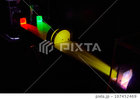 Light experiment with green and red light beams meeting a yellow block with science for the win 107452469