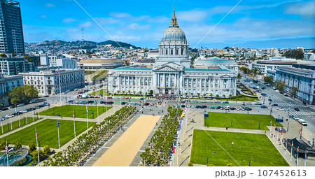 City hall with Civic Center Plaza aerial view on bright summer day with blue sky and clouds 107452613