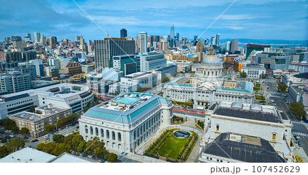 San Francisco aerial view of city and city hall and memorial court San Francisco aerial view of city and city hall and memorial court 107452629