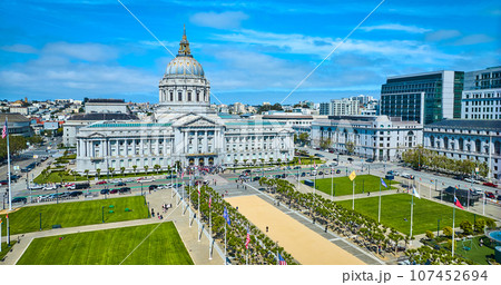 Civic Center Plaza aerial view of city hall with blue sky and purple tinged clouds Civic Center Plaza aerial view of city hall with blue sky and purple tinged clouds 107452694