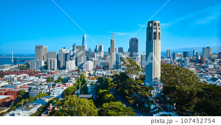 Aerial Telegraph Hill Coit Tower on blue sky day with downtown San Francisco skyscrapers Aerial Telegraph Hill Coit Tower on blue sky day with downtown San Francisco skyscrapers 107452754