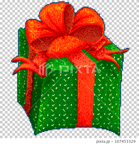 Pixel green present box with red ribbon 107453329