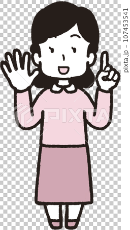 一位微笑的女士用左手一根手指、右手五根手指做出 51 個手勢的全身插圖 107453541