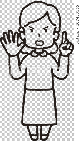 左手1本指、右手は5本指の51のハンドサインをして怒っている女性の全身線画イラスト 左手1本指、右手は5本指の51のハンドサインをして怒っている女性の全身線画イラスト 107453585