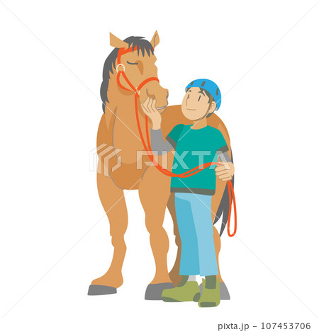馬を撫でる少年 107453706