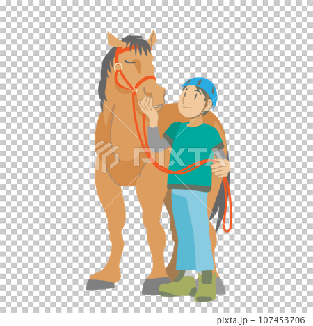 馬を撫でる少年 107453706