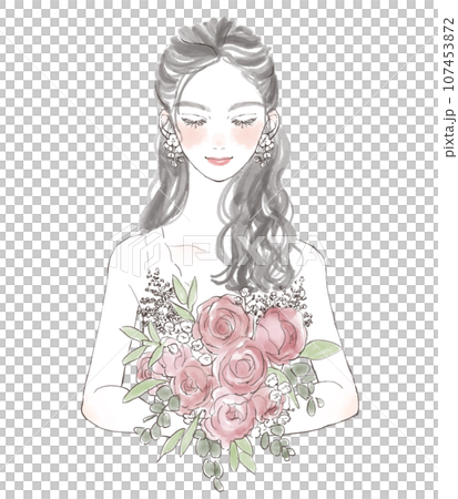 新娘拿著一束玫瑰花的插圖（婚禮插圖） 107453872