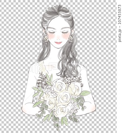 新娘拿著一束白玫瑰的插圖（婚禮插圖） 107453873