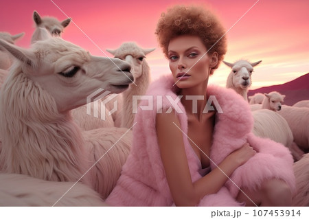 women futuristic fashion photography pastel color alpacas Generative AI 107453914