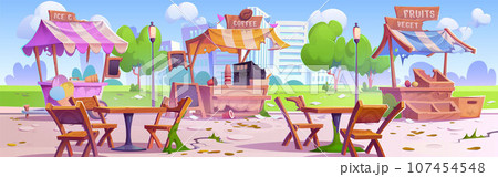 Destroyed street food market, abandoned city park 107454548