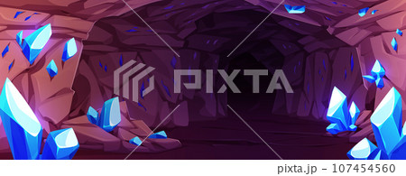 Dark cave with blue gemstones on walls Dark cave with blue gemstones on walls 107454560
