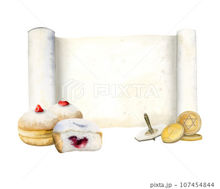 Hanukkah greeting card template with Torah scroll, traditional donuts, dreidel and coins watercolor illustration isolated on white background. Hand drawn Jewish sevivon and sufganiyot, Hanukkah greeting card template with Torah scroll, traditional donuts, dreidel and coins watercolor illustration isolated on white background. Hand drawn Jewish sevivon and sufganiyot, 107454844