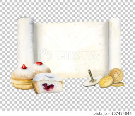 Hanukkah greeting card template with Torah scroll, traditional donuts, dreidel and coins watercolor illustration isolated on white background. Hand drawn Jewish sevivon and sufganiyot, Hanukkah greeting card template with Torah scroll, traditional donuts, dreidel and coins watercolor illustration isolated on white background. Hand drawn Jewish sevivon and sufganiyot, 107454844