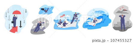 Vector set survival of individual business person or team in economic and financial storm, leadership, business success 107455327
