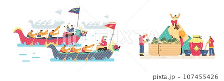 Dragon boat chinese festival vector illustrations set, competition on dragon boat, national culture, traditions cuisine Dragon boat chinese festival vector illustrations set, competition on dragon boat, national culture, traditions cuisine 107455426
