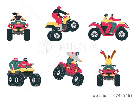 Vector isolated illustrations set with red Quad bike with racing people, ATV, all-terrain vehicle, outdoor adventure 107455463