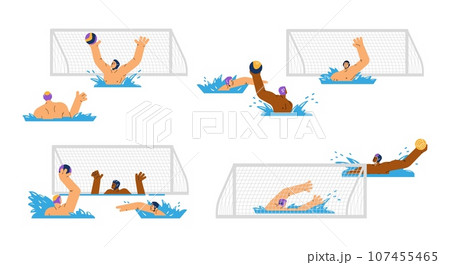 Set of water polo match scenes, flat vector illustration isolated on white background. 107455465