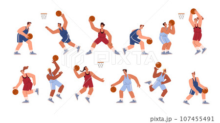 Basketball players, athletes with ball in different poses, handling, jumping, defense and offense vector sport game set 107455491