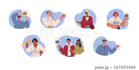 Set of illustrations with realtors and clients of a housing deal, vector isolated cartoon characters, real estate agency 107455499