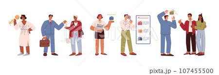 Set of vector illustrations with realtors and clients of real estate agency, service for the sale, rent, loan, mortgage 107455500