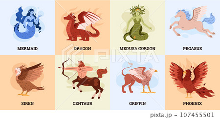 Mythical creature cards set, cartoon flat vector illustration. 107455501