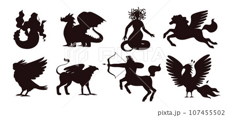 Set of silhouettes of mythical creatures, flat vector illustration isolated on white background. Set of silhouettes of mythical creatures, flat vector illustration isolated on white background. 107455502