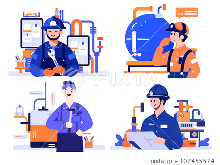 Hand Drawn Technician or engineer with engine in factory in flat style 107455574